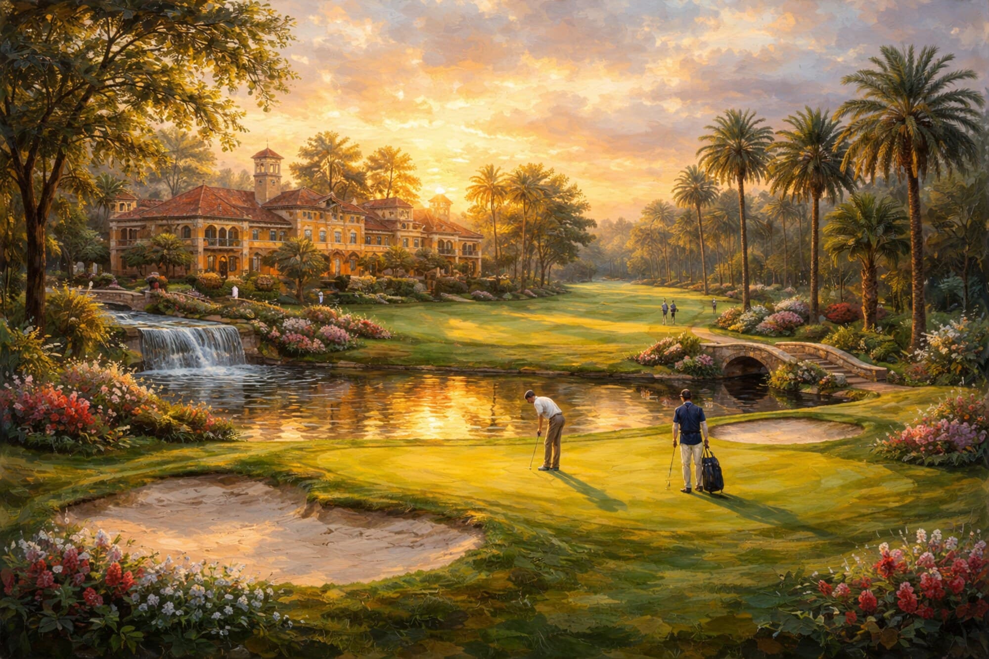 Painting of a golf resort at golden hour, two players on the green